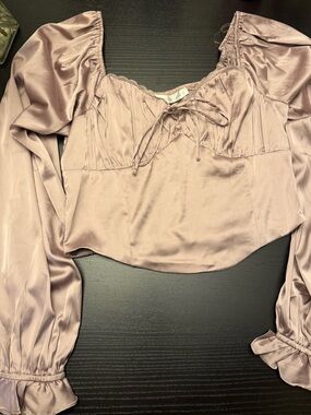 Altar'd State Satin Puff-Sleeve Tie-Front Top in Mauve